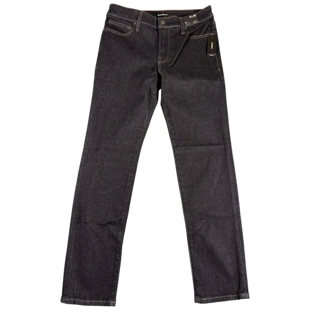 Express Jeans Mens 31x30 Black Denim Dark Wash Hyper Stretch Slim Straight Leg
